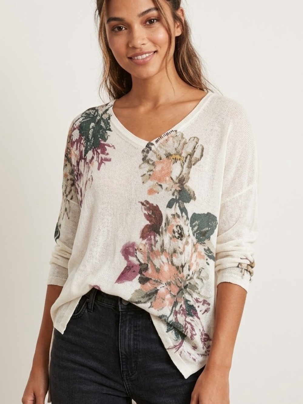 J. Jill Linen Blend Floral Sweater Top Women’s L Cream V-Neck Boho Relaxed